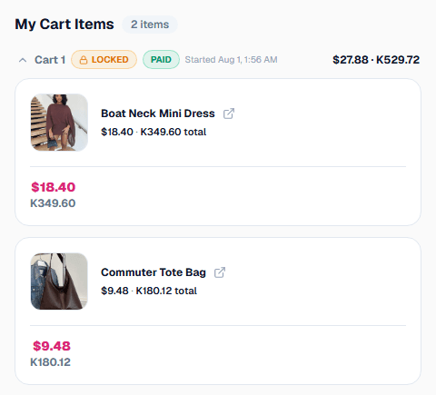 A real client cart showing two SHEIN items with their actual photos and prices pulled in automatically
