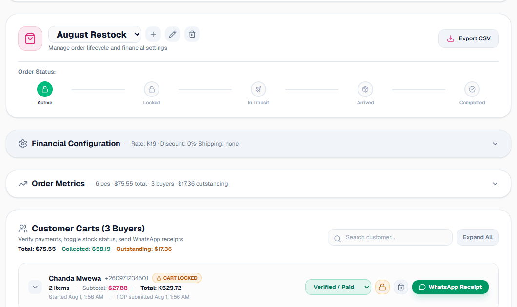 A real OnlyCarts consolidator dashboard showing an open order batch, order status stepper, and order metrics