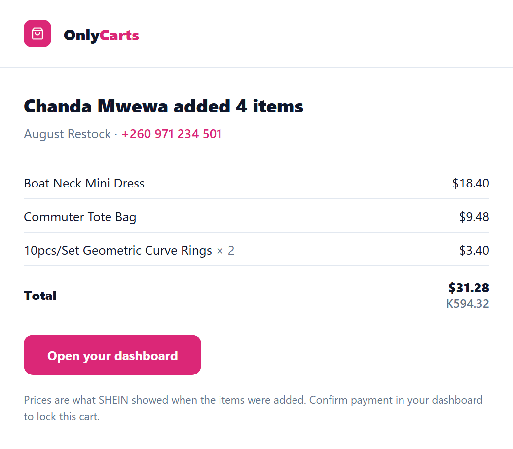 An OnlyCarts email notification: Chanda Mwewa added 4 items to August Restock, listing each item with its price and a $31.28 / K594.32 total.